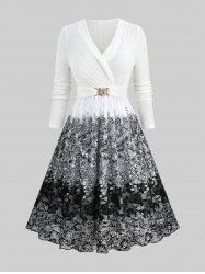 Plus Size Rose Flower Mesh Lace Sheer Surplice Buckle Belted A Line Dress -  