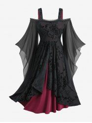 Robe Asymétrique Rose en Maille à Epaule Dénudée Grande Taille Ourlet à Volants - Rouge 2X | US 18-20
