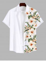 Plus Size Tropical Leaf Hibiscus Flower Print Buttons Pocket Hawaii Shirt For Men -  