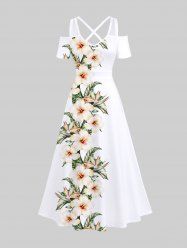 Maxi Robe D'Entraînement Croisée Fleur Feuille Tropicale Imprimée à Epaule Dénudée de Grande Taille - Blanc 1X