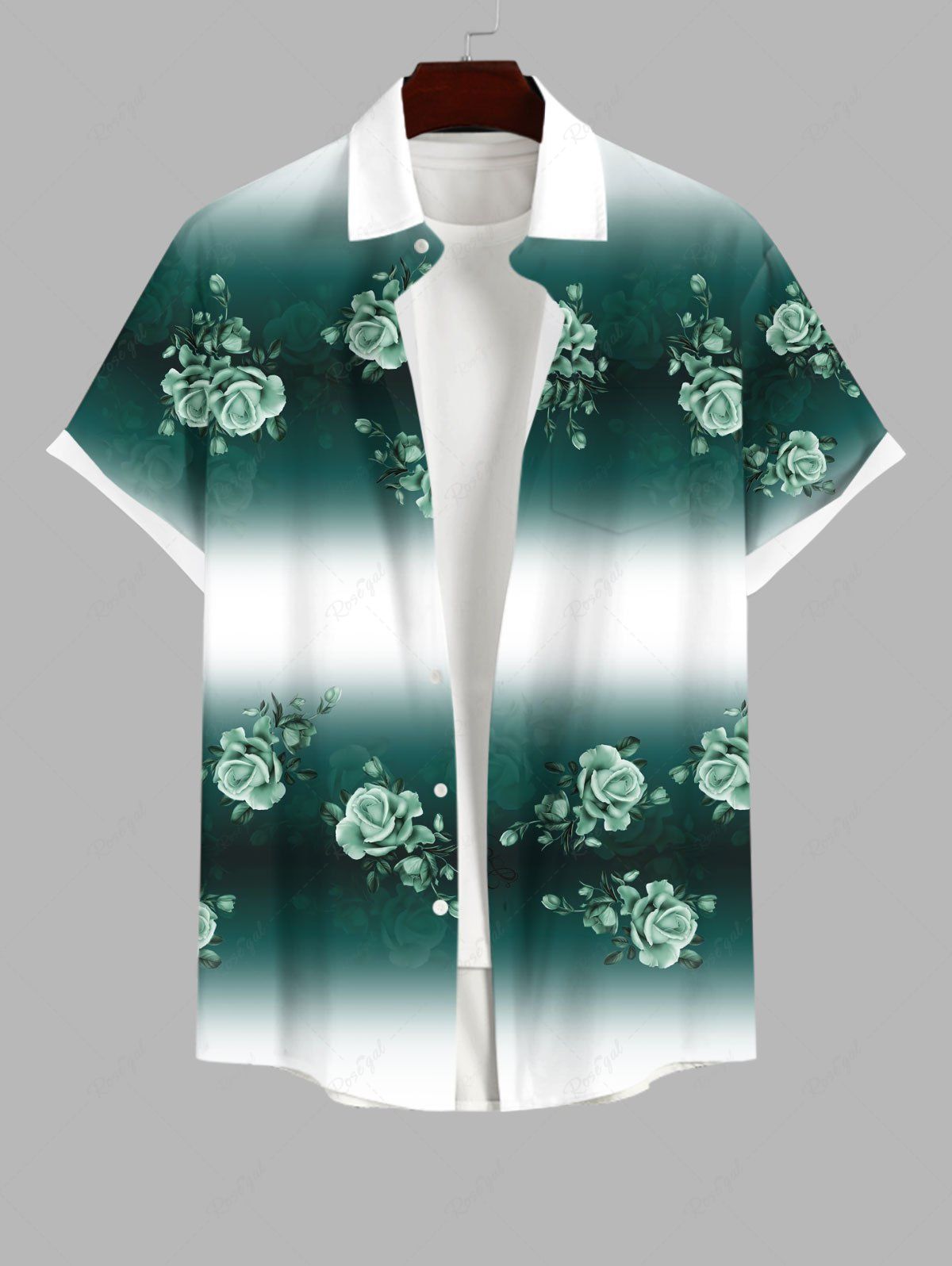 Discount Plus Size Rose Flower Leaf Ombre Colorblock Print Buttons Pocket Hawaii Shirt For Men  