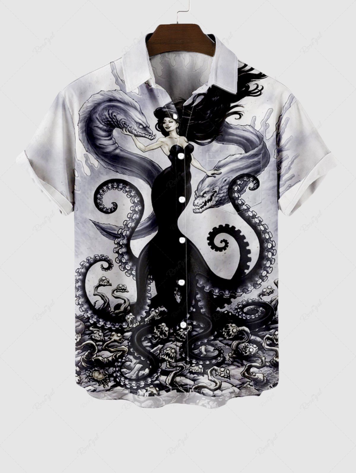 Discount Plus Size Octopus Wizard Snake Monster Ink Painting Print Halloween Button Pocket Shirt For Men  