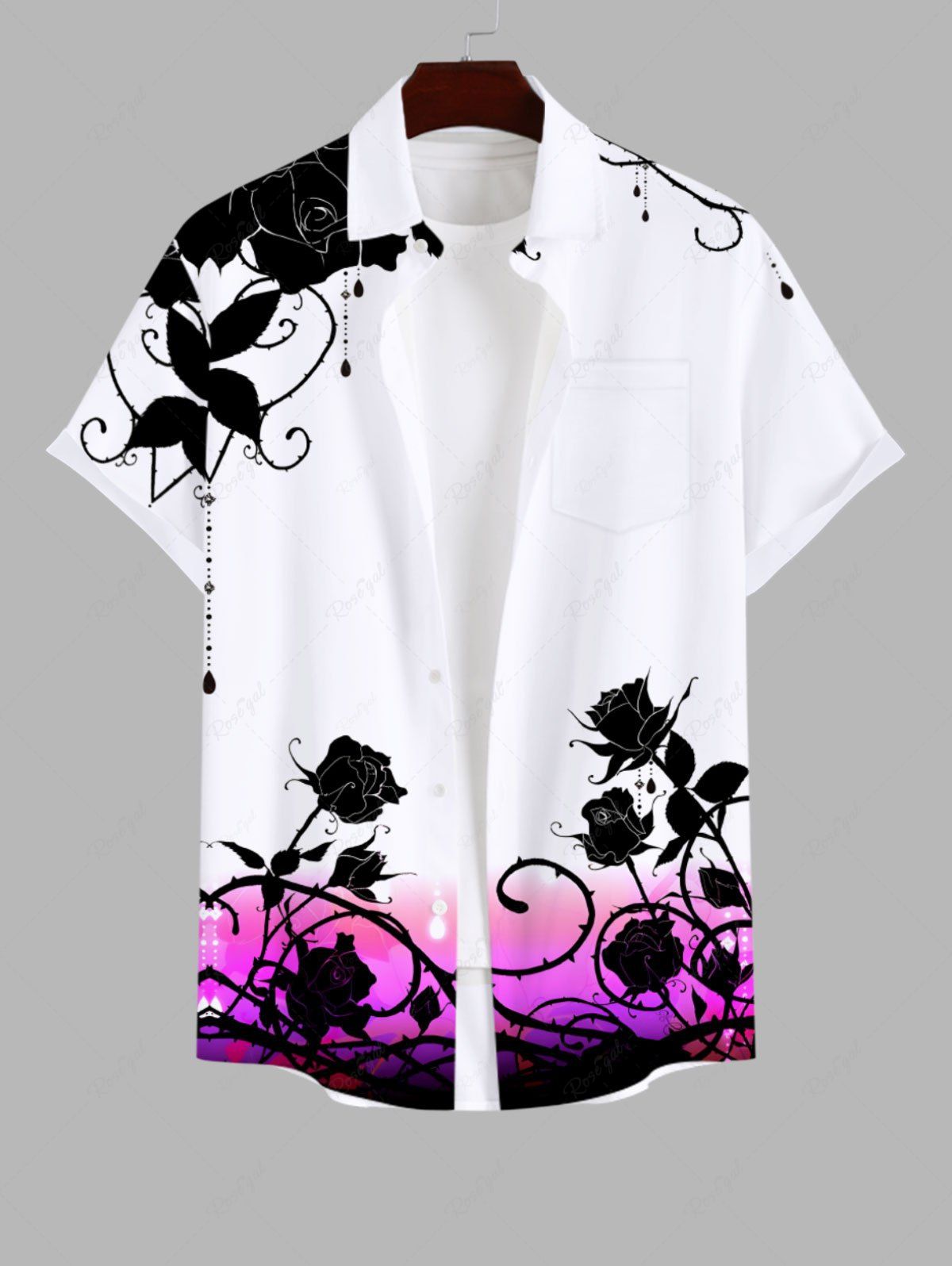 Latest Plus Size Ink Rose Flower Leaf Vine Print Hawaii Button Pocket Shirt For Men  