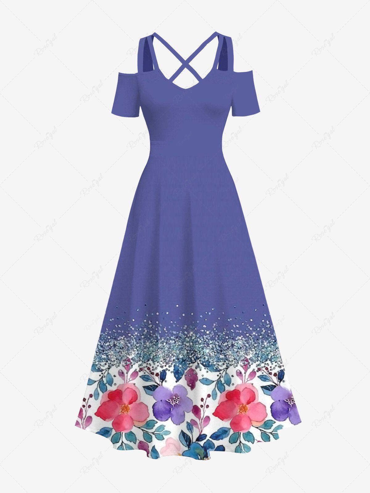 Trendy Plus Size Watercolor Floral Leaf Print Hawaii Crisscross A Line Maxi Dress  