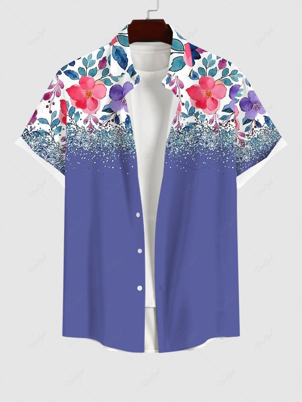 New Plus Size Watercolor Floral Leaf Print Hawaii Button Pocket Shirt For Men  
