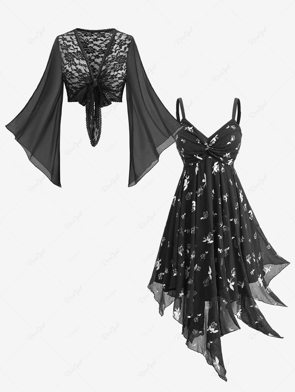 Fancy Rose Flower Lace Knotted Bolero Top and Gilding Floral Print Asymmetric Dress Plus Size Outfit  
