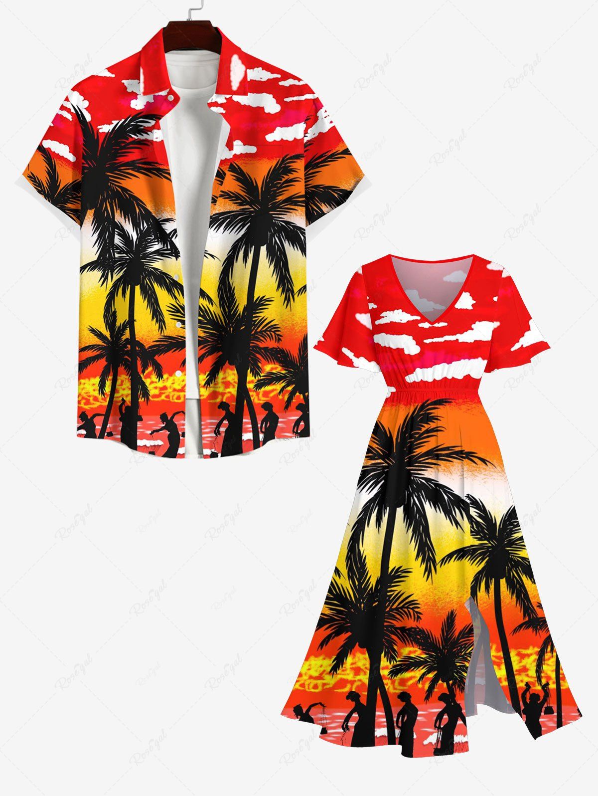 Hot Coconut Tree Sea Dancer Ombre Sky Cloud Print Plus Size Matching Hawaii Beach Outfit For Couples  