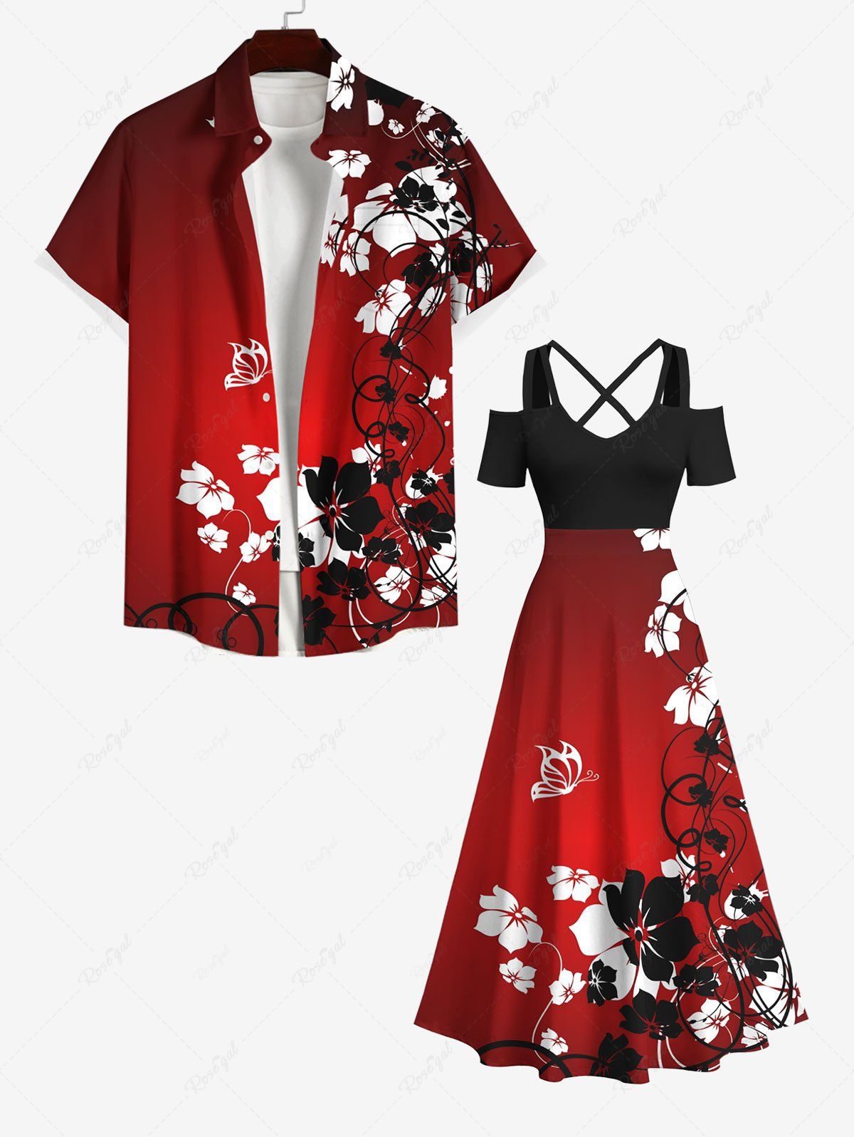 Discount Floral Curve Butterfly Print Plus Size Matching Hawaii Beach Outfit For Couples  