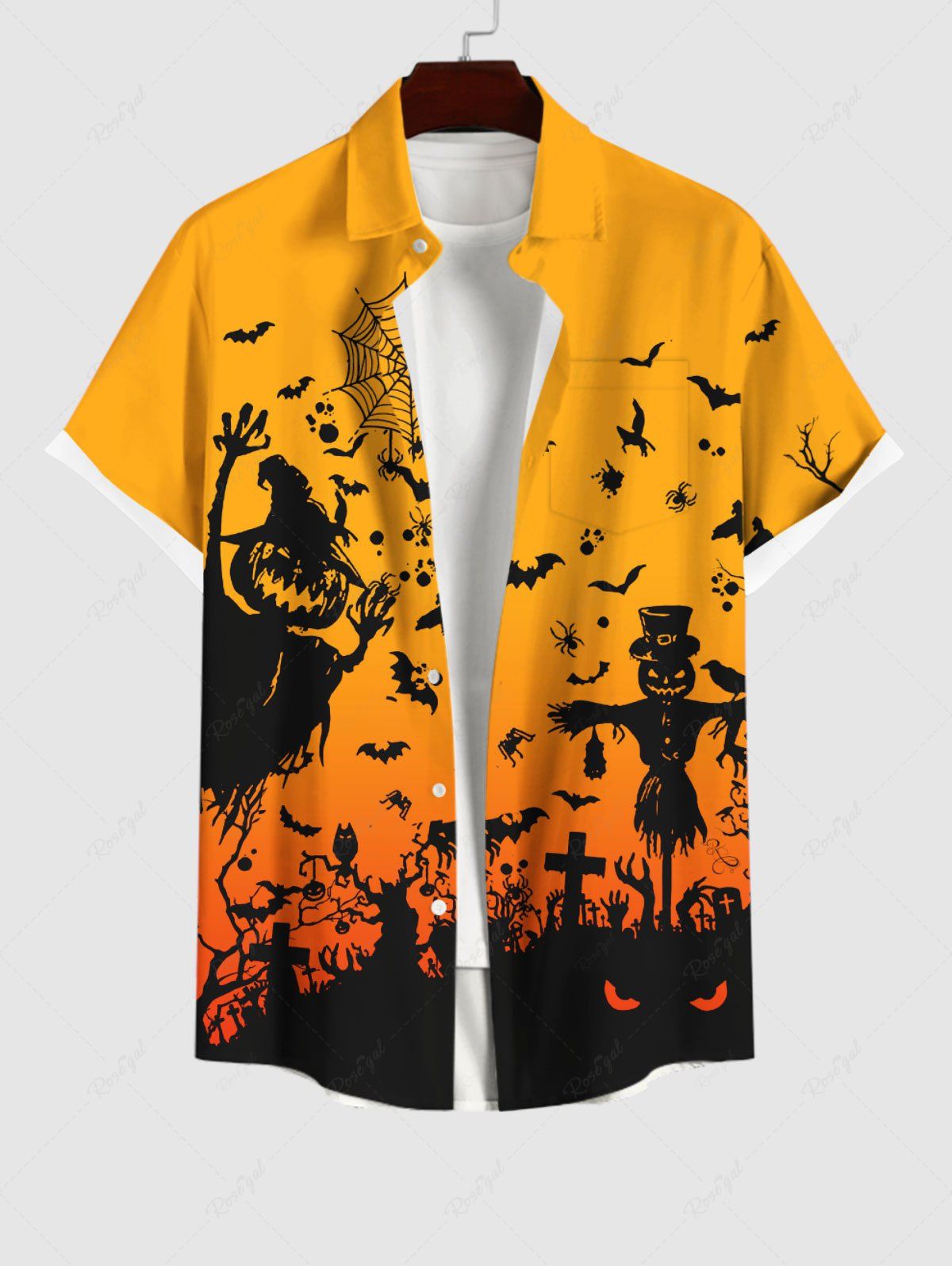 Online Plus Size Pumpkin Wizard Cross Bat Spider Web Print Halloween Ombre Button Pocket Shirt For Men  