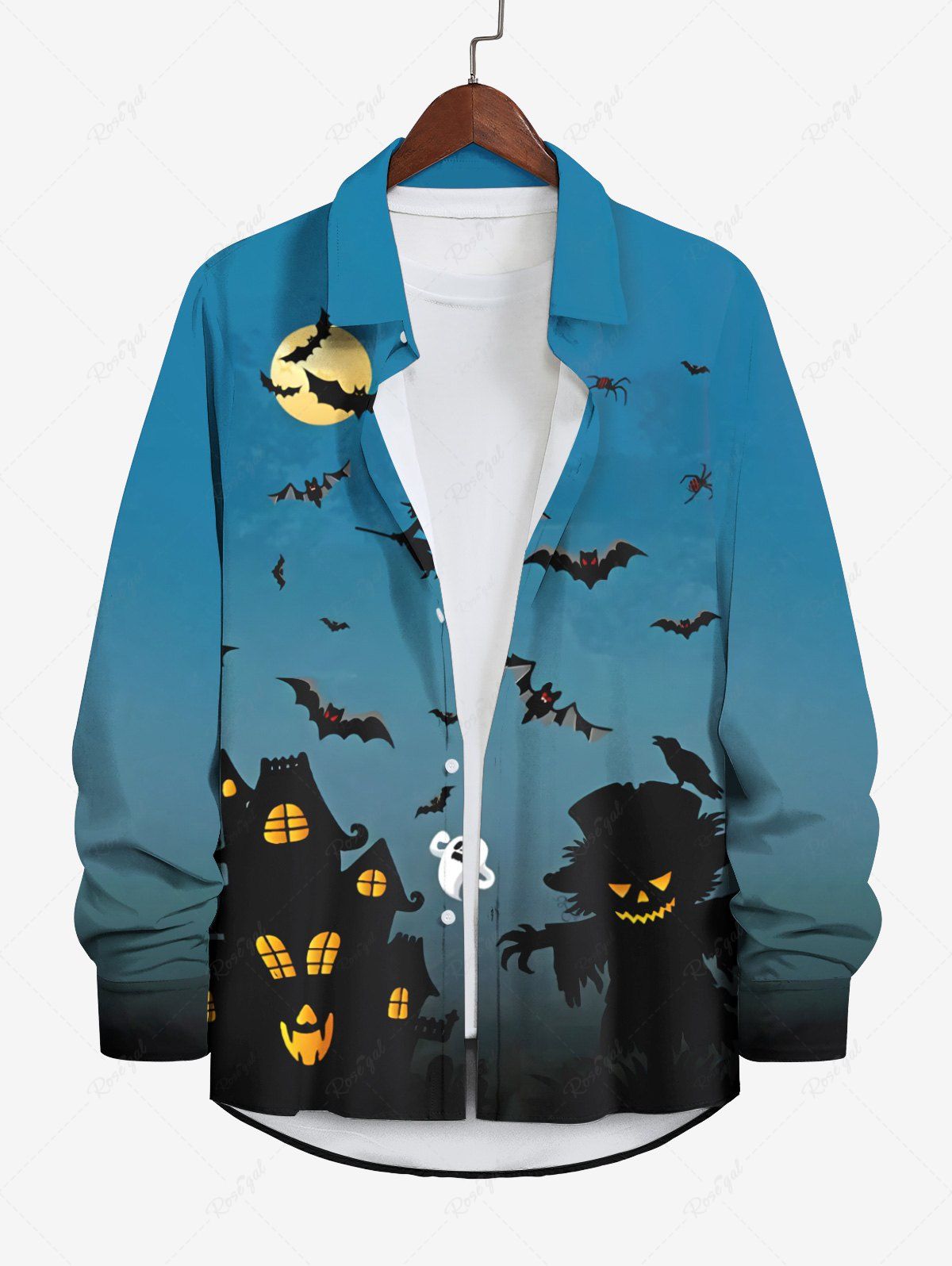 Sale Plus Size Pumpkin Castle Ghost Bat Moon Print Halloween Button Shirt For Men  