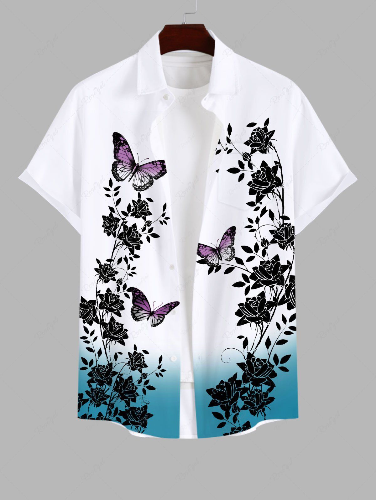 Unique Plus Size Floral Leaf Branch Butterfly Print Hawaii Dip Dye Ombre Button Pocket Shirt For Men  