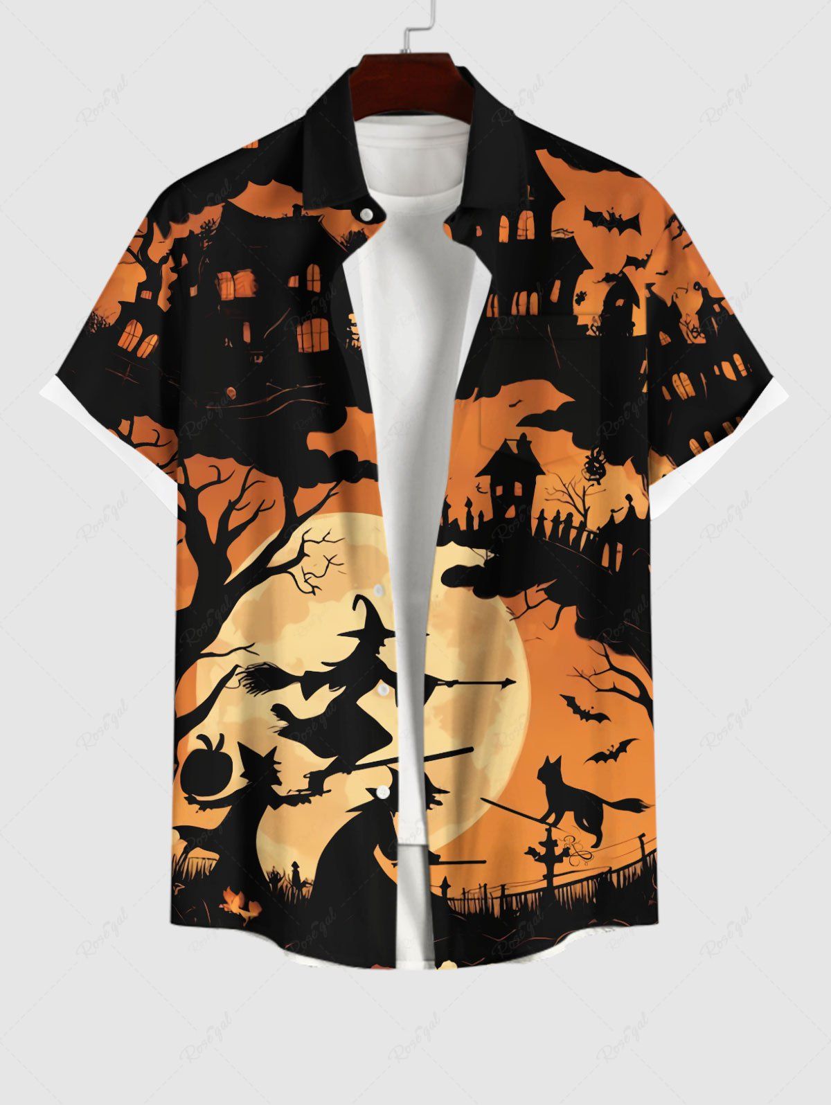 Unique Plus Size Bat Castle Cat Wizard Tree Moon Print Halloween Button Pocket Shirt For Men  