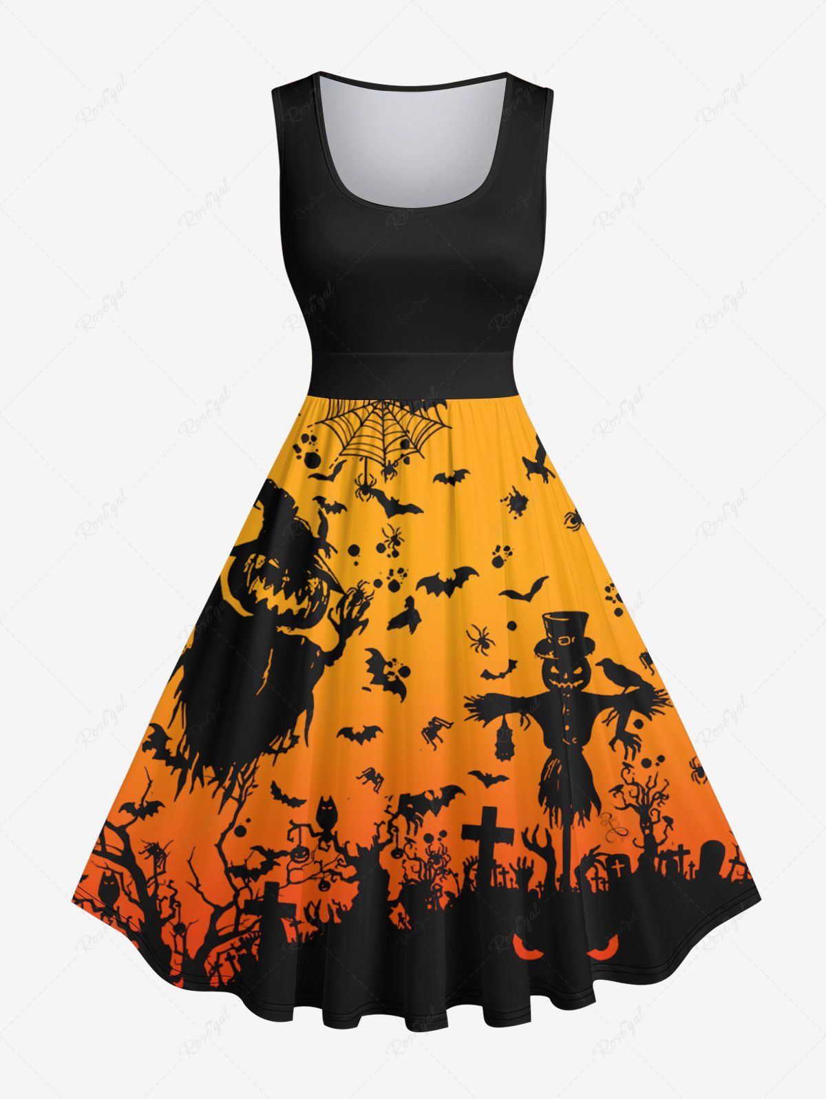 Trendy Plus Size Pumpkin Wizard Cross Bat Spider Web Print Halloween Costume Vintage Swing A Line Dress  