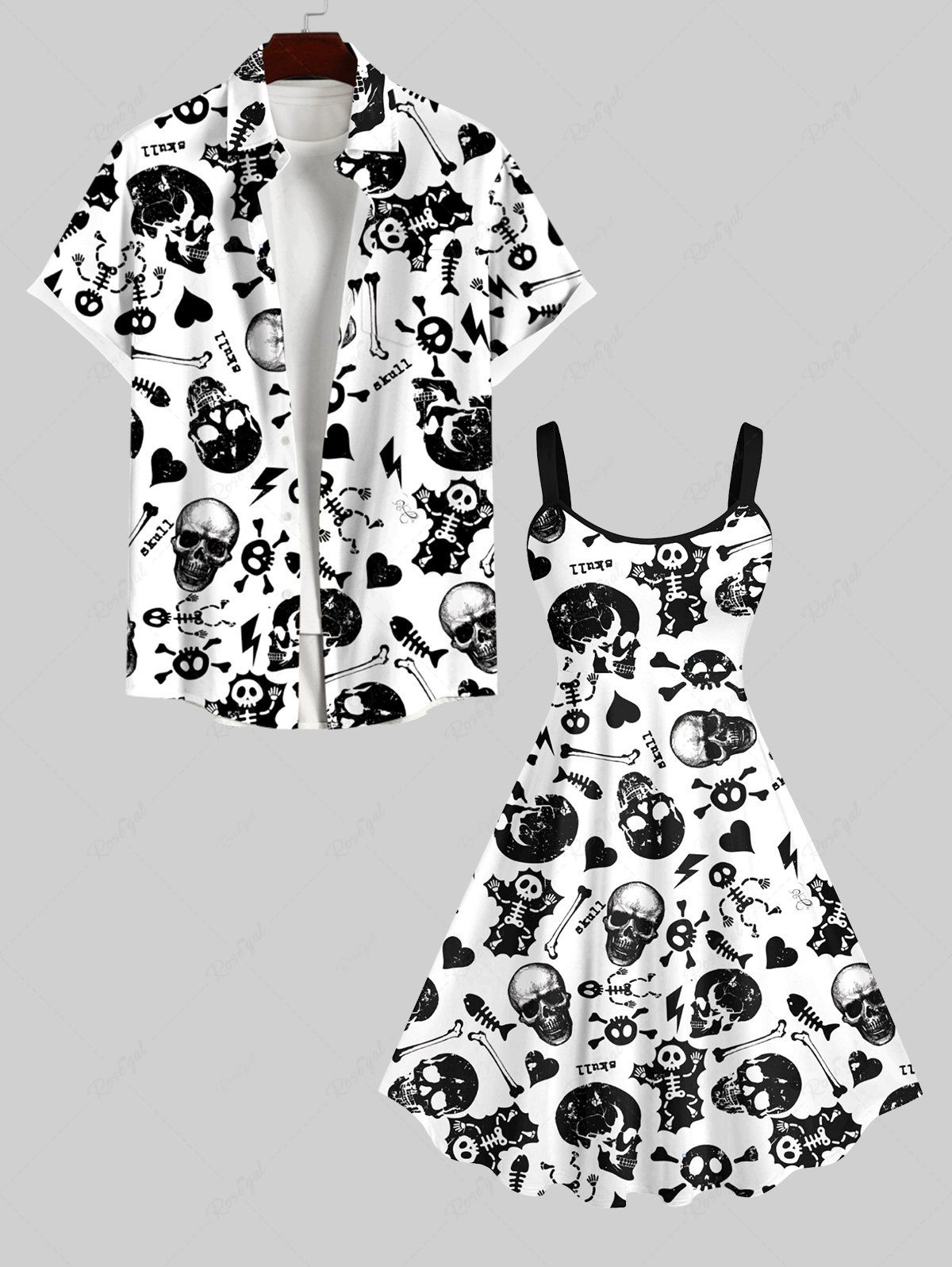 Fancy Halloween Costume Skull Skeleton Fish Heart Bone Print Plus Size Matching Set For Couples  