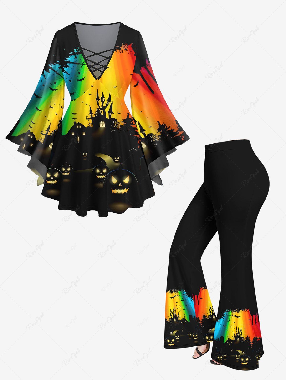 Store Halloween Costume Pumpkin Lantern Bat Castle Colorful Rainbow Print T-shirt and Flare Pants Plus Size Matching Set  