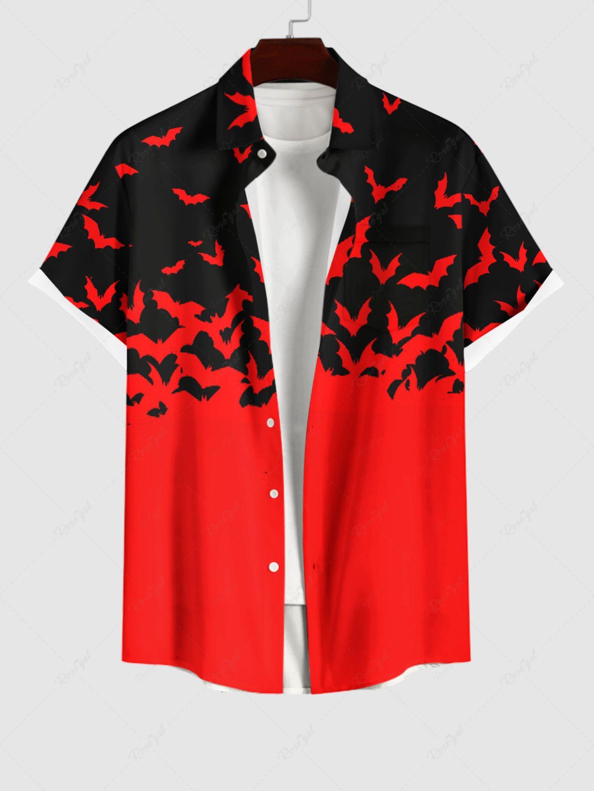 Hot Plus Size Halloween Two Tone Colorblock Bat Print Buttons Pocket Shirt For Men  