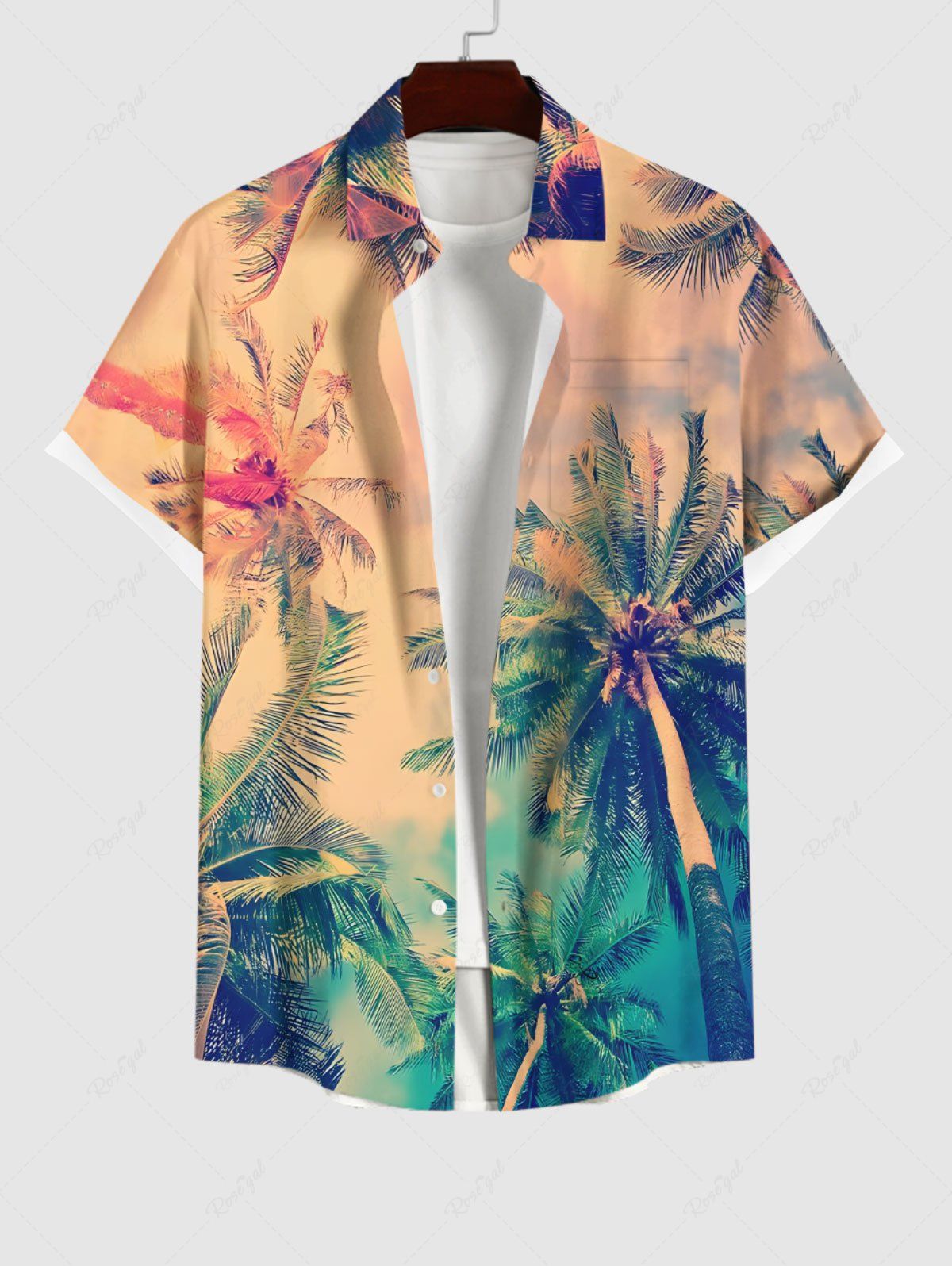 Outfits Plus Size Tropical Coconut Tree Ombre Colorblock Sky Print Buttons Pocket Hawaii Shirt For Men  