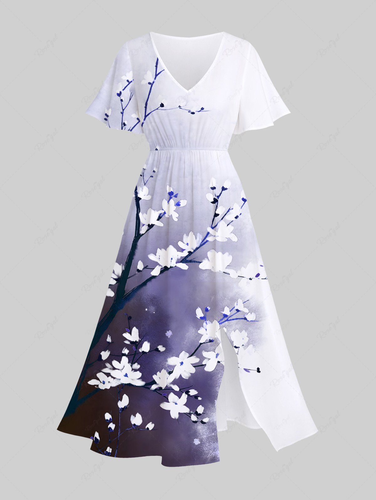 Best Plus Size Peach Blossom Flower Branch Ombre Colorblock Print Split Hawaii Midi Dress  