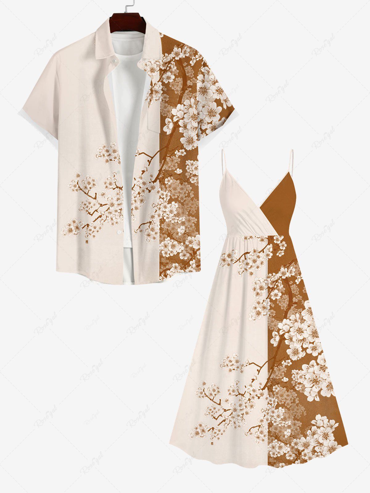 Buy Peach Blossom Flower Branch Colorblock Print Plus Size Matching Hawaii Beach Outfit For Couples  
