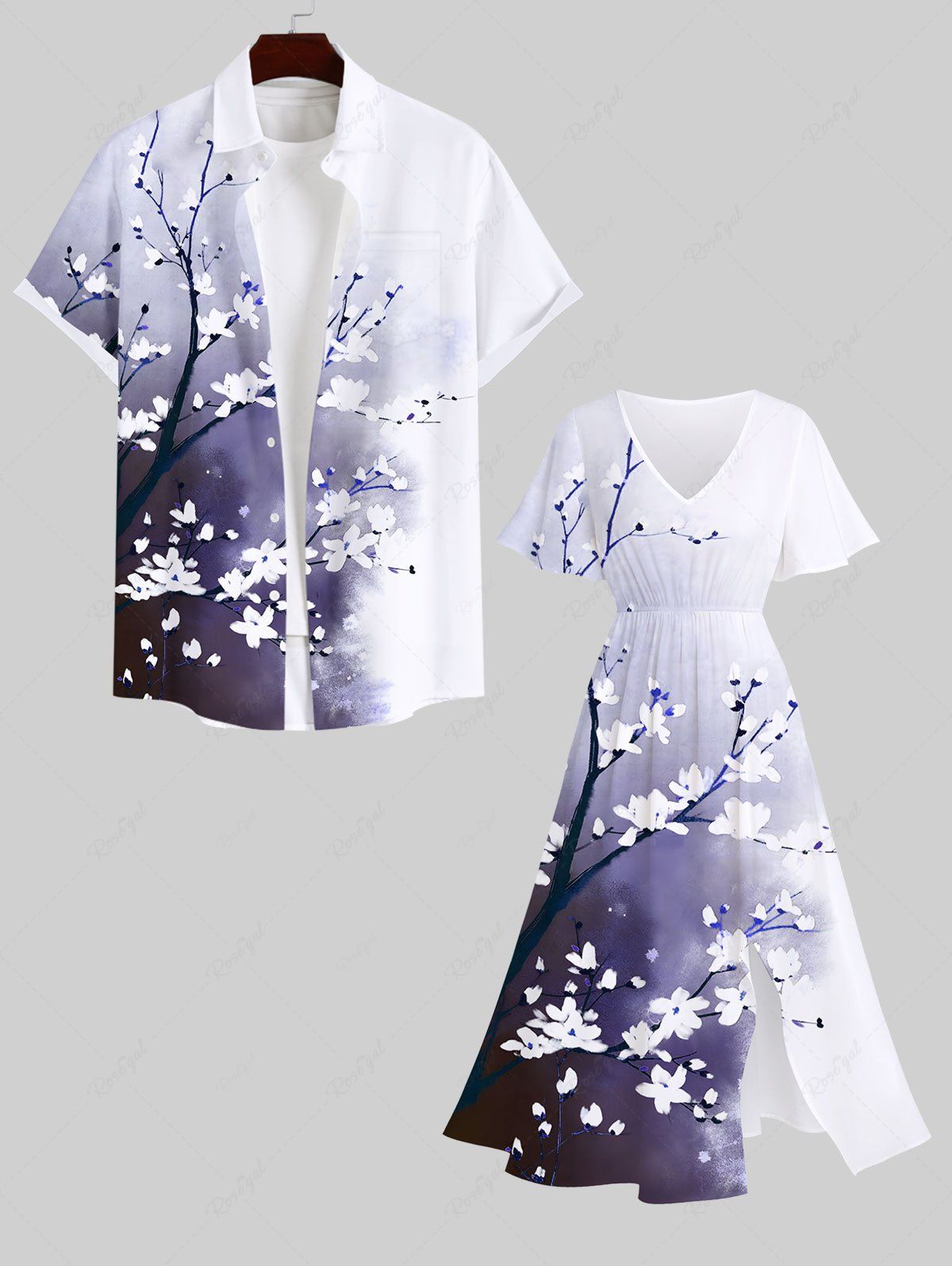 Store Peach Blossom Flower Branch Ombre Colorblock Print Plus Size Matching Hawaii Beach Outfit For Couples  