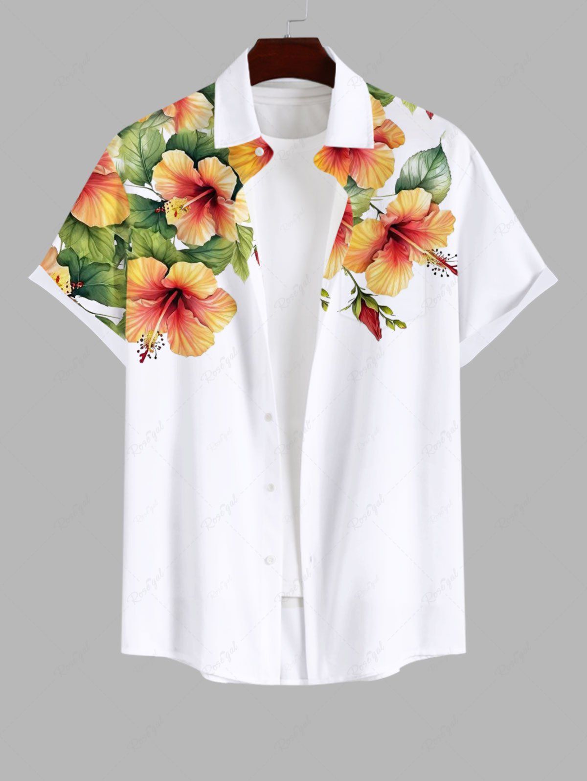 Shops Plus Size Tropical Leaf Hibiscus Flower Print Buttons Pocket Hawaii Shirt For Men  