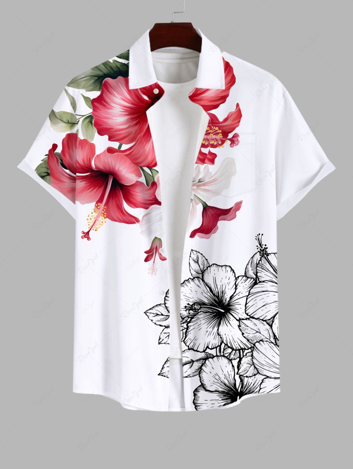 Affordable Plus Size Tropical Leaf Hibiscus Flower Print Buttons Pocket Hawaii Shirt For Men  