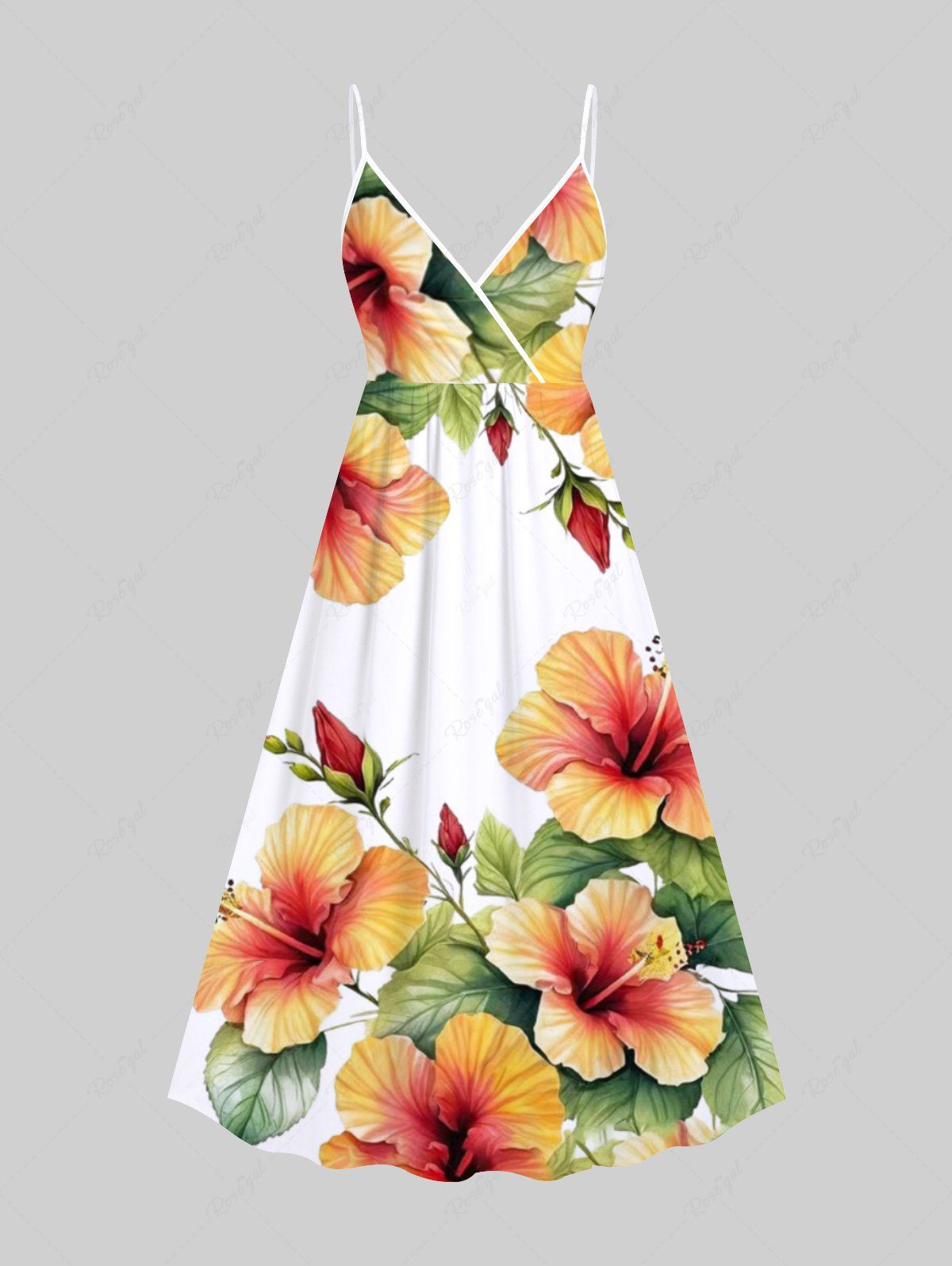 Discount Plus Size Tropical Leaf Hibiscus Flower Print Surplice Hawaii Cami Dress  