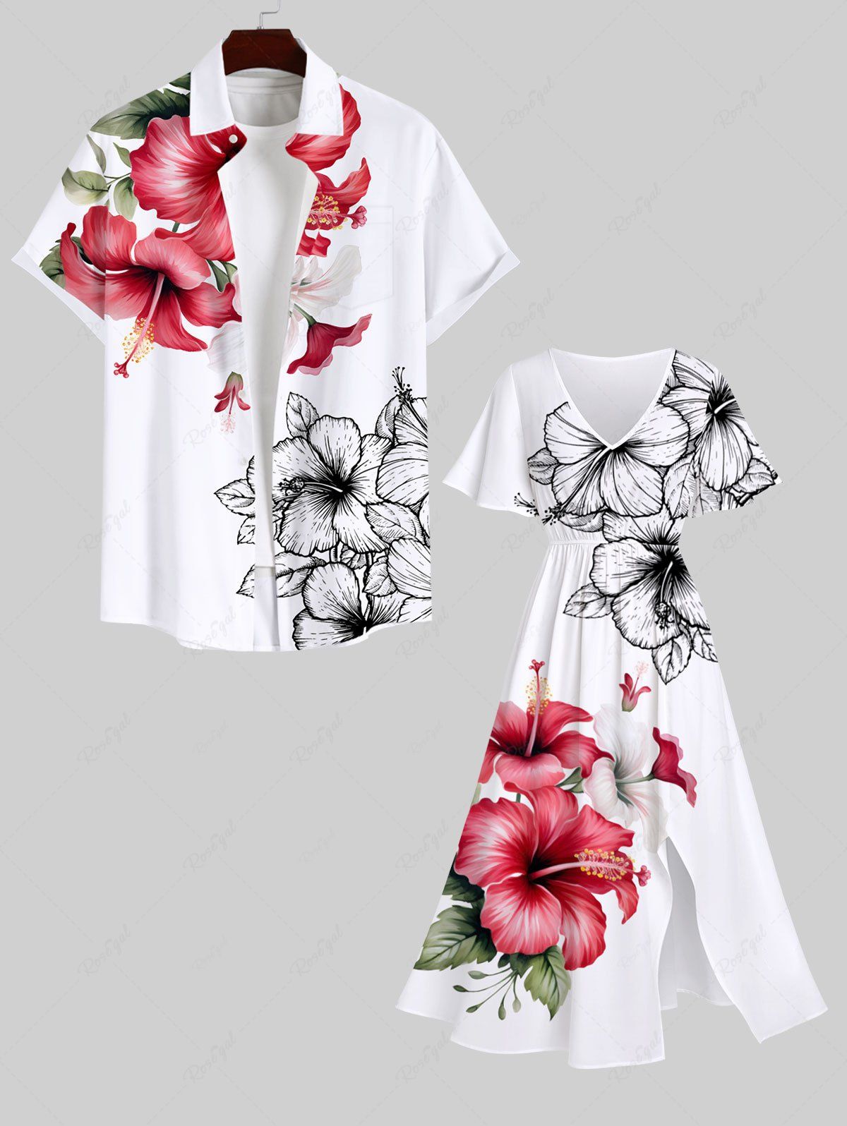 New Tropical Leaf Hibiscus Flower Print Plus Size Matching Hawaii Beach Outfit For Couples  