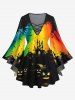Halloween Costume Pumpkin Lantern Bat Castle Colorful Rainbow Print T-shirt and Flare Pants Plus Size Matching Set -  