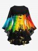 Halloween Costume Pumpkin Lantern Bat Castle Colorful Rainbow Print T-shirt and Flare Pants Plus Size Matching Set -  