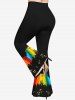 Halloween Costume Pumpkin Lantern Bat Castle Colorful Rainbow Print T-shirt and Flare Pants Plus Size Matching Set -  