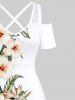 Maxi Robe D'Entraînement Croisée Fleur Feuille Tropicale Imprimée à Epaule Dénudée de Grande Taille - Blanc 1X