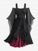 Gothic Plus Size Rose Floral Glitter Flocking Mesh Lace Trim Ruffles Tulip Hem Cold Shoulder Asymmetrical Dress -  