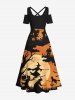 Maxi Robe D'Halloween Ligne A Croisé Chat Lune et Château Imprimés de Grande Taille - Orange Foncé 3X