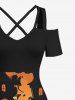 Maxi Robe D'Halloween Ligne A Croisé Chat Lune et Château Imprimés de Grande Taille - Orange Foncé 3X