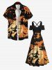 Maxi Robe D'Halloween Ligne A Croisé Chat Lune et Château Imprimés de Grande Taille - Orange Foncé 3X