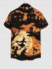 Plus Size Bat Castle Cat Wizard Tree Moon Print Halloween Button Pocket Shirt For Men -  