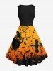 Plus Size Pumpkin Wizard Cross Bat Spider Web Print Halloween Costume Vintage Swing A Line Dress -  