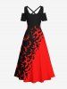 Plus Size Halloween Costume Two Tone Colorblock Bat Print Cold Shoulder Crisscross Maxi Dress -  