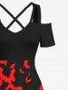 Plus Size Halloween Costume Two Tone Colorblock Bat Print Cold Shoulder Crisscross Maxi Dress -  