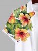 Plus Size Tropical Leaf Hibiscus Flower Print Buttons Pocket Hawaii Shirt For Men -  