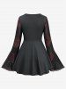 Gothic Plus Size Rose Flower Print Mesh Ruched Lace Trim Star Buckle Grommets Flare Sleeves 2 In 1 Top -  
