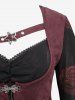 Gothic Plus Size Rose Flower Print Mesh Ruched Lace Trim Star Buckle Grommets Flare Sleeves 2 In 1 Top -  