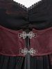Gothic Plus Size Rose Flower Print Mesh Ruched Lace Trim Star Buckle Grommets Flare Sleeves 2 In 1 Top -  
