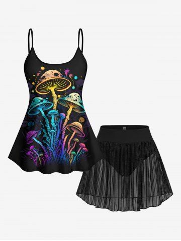 Haut de Tankini Champignon Imprimé Coloré et Bas en Maille Transparente de Grande Taille - BLACK