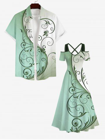 Curved Line Floral Two Tone Print Plus Size Matching Hawaii Beach Outfit For Couples - GREEN