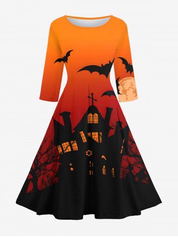 Maxi Robe D'Halloween Vintage Linge A Château et Chauve-souris Imprimés avec Poche - MULTI-A - 3XL