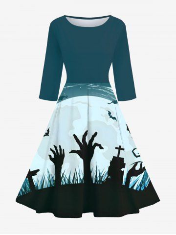 Tombstone Cross Bat Palm Grass Print Halloween Costume 50's Vintage Dress - GREEN - S