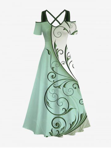 Plus Size Curved Line Floral Two Tone Print Hawaii Ombre Crisscross A Line Maxi Dress - GREEN - M