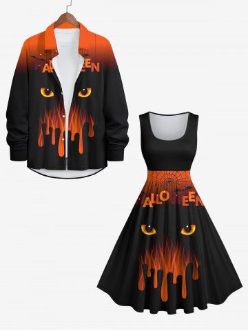 Halloween Costume Bat Spider Web Ombre Eyes Flame Colorblock Print Plus Size Matching Outfit For Couples - BLACK